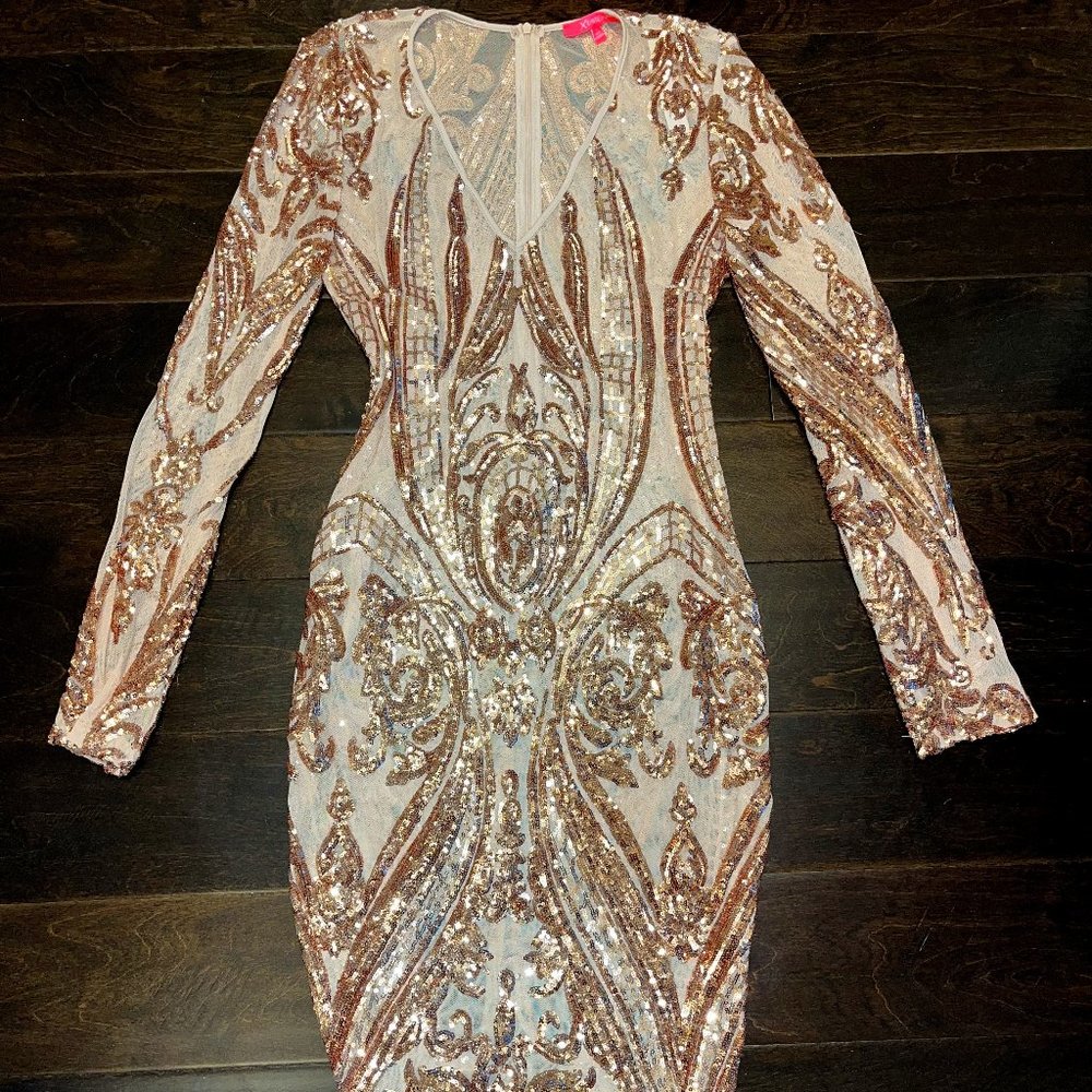 Rose Gold / Cream / Tan Fitted Sequins Dress